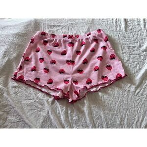 Pink Strawberry Pajama Shorts Lounge Sleepwear Women's Size M Ruffle Trim